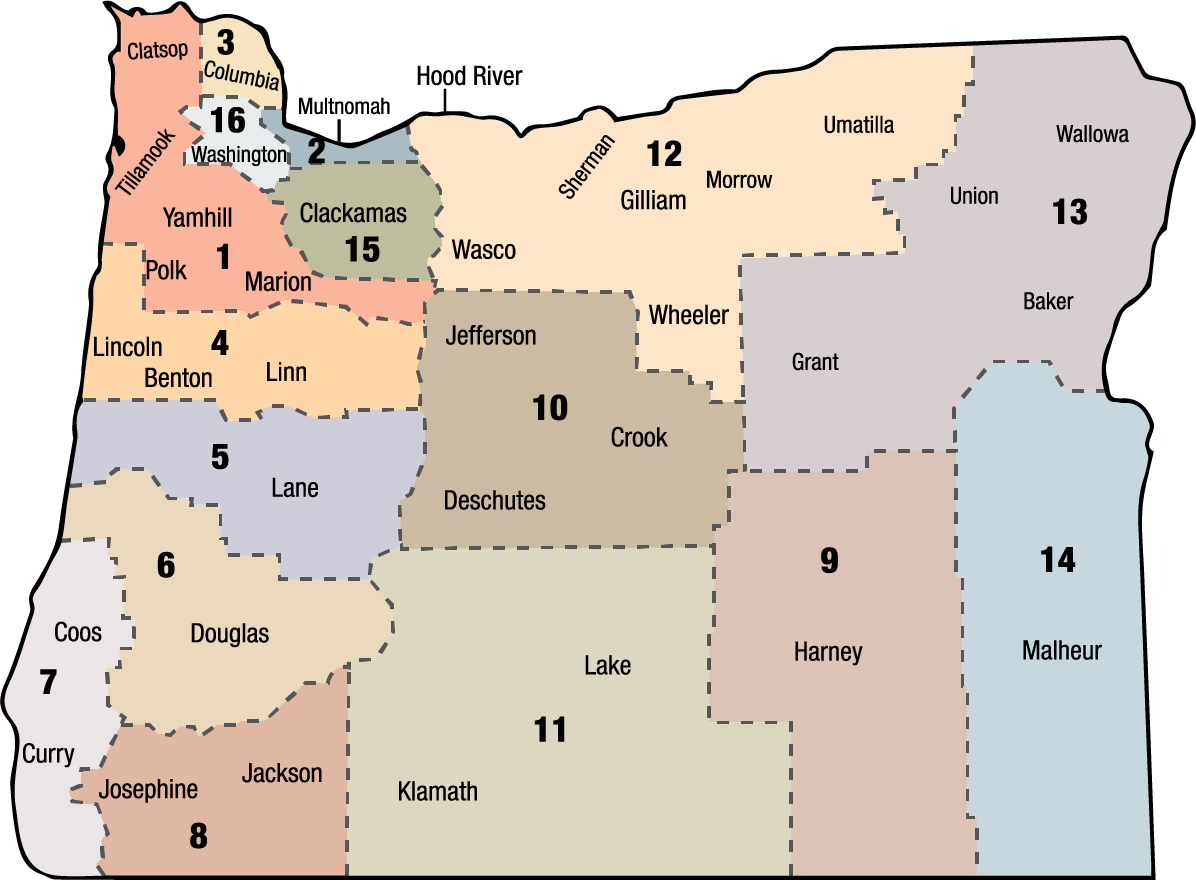 map with the 16 Oregon Area Agencies on Aging and Disabilities